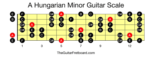 Full guitar fretboard for A Hungarian Minor scale