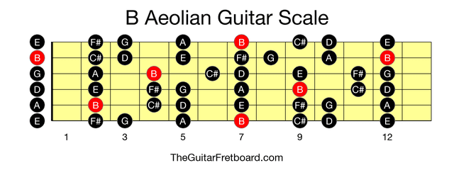 Full guitar fretboard for B Aeolian scale