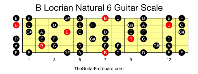 Full guitar fretboard for B Locrian Natural 6 scale