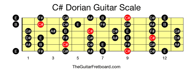 Full guitar fretboard for C# Dorian scale