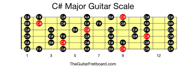 Full guitar fretboard for C# Major scale