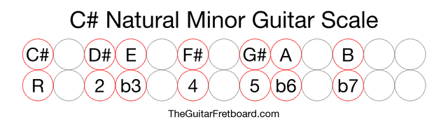 Notes in the C# Natural Minor Guitar Scale