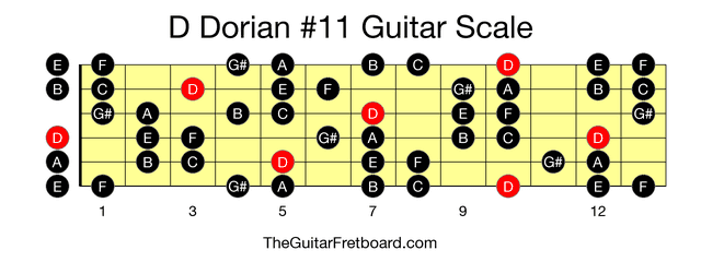 Full guitar fretboard for D Dorian #11 scale