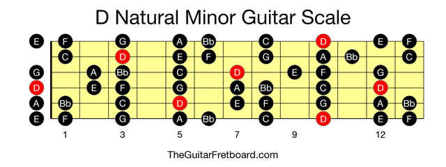 Full guitar fretboard for D Natural Minor scale