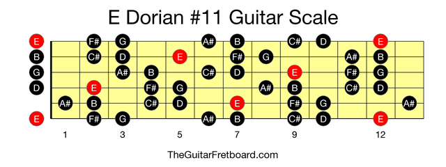 Full guitar fretboard for E Dorian #11 scale