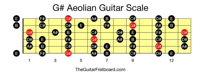 Full guitar fretboard for G# Aeolian scale